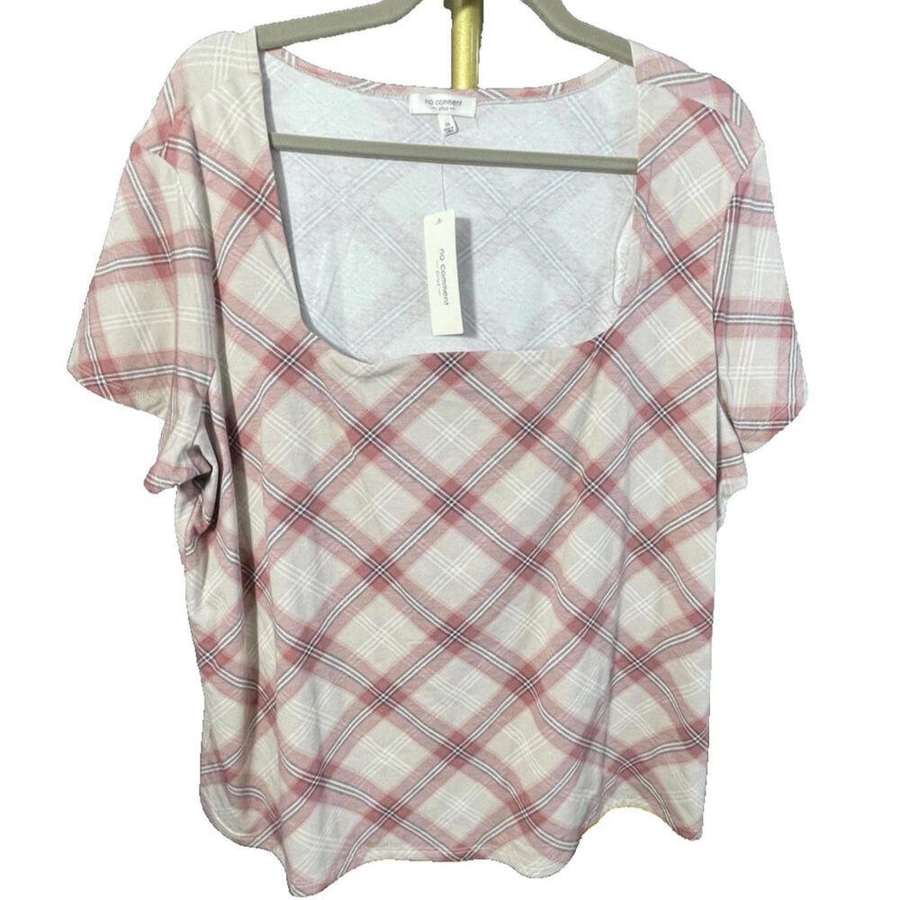 NWT No Comment Plus Sz 3X Pink Plaid Short Sleeve Knit Top